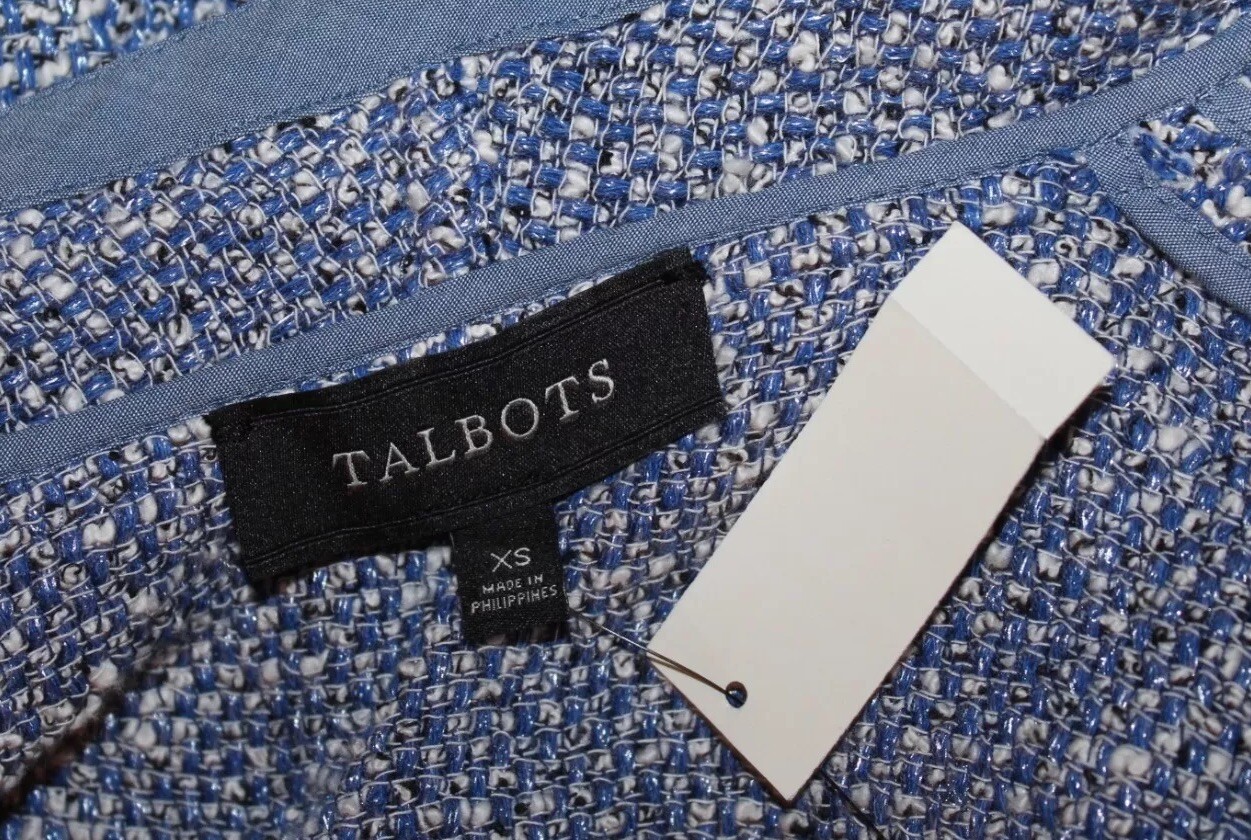 ALTRA Giacca Talbots taglia XS elegante blu bianco testurizzato tweed sfoderata Artsy nuova con etichette $179