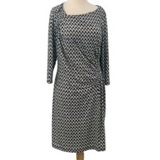 Calvin Klein 3/4 Sleeve Faux Wrap Ruched Dress Black/White Chevron Print Size 12