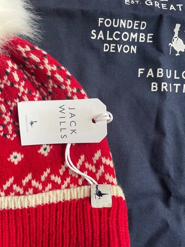 BNWT Jack Wills Bobble Hat red fairisle with free tote bag - Picture 2 of 3