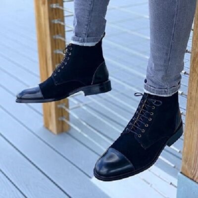 Handmade Mens Dark navy blue Leather and suede round toe ankle boots, Mens  boots - Main Image