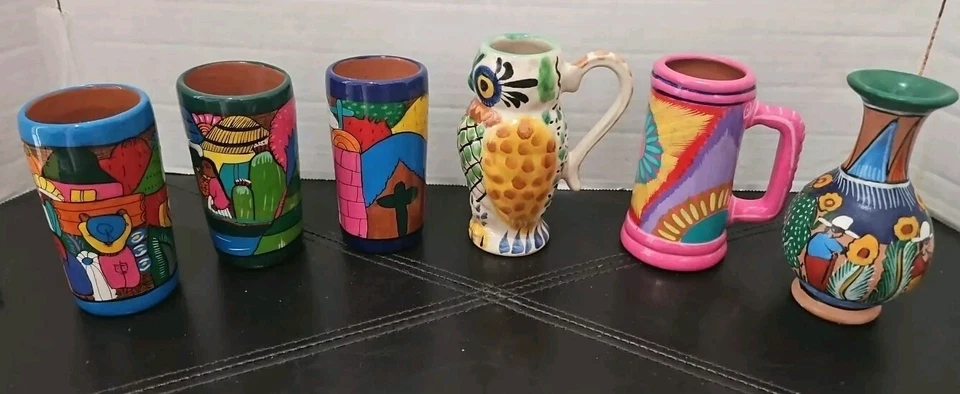 LOTE de 6: Taza colorida mexicana sudamericana pintada a mano arte jarrón DECORACIÓN Foto 2 de 4