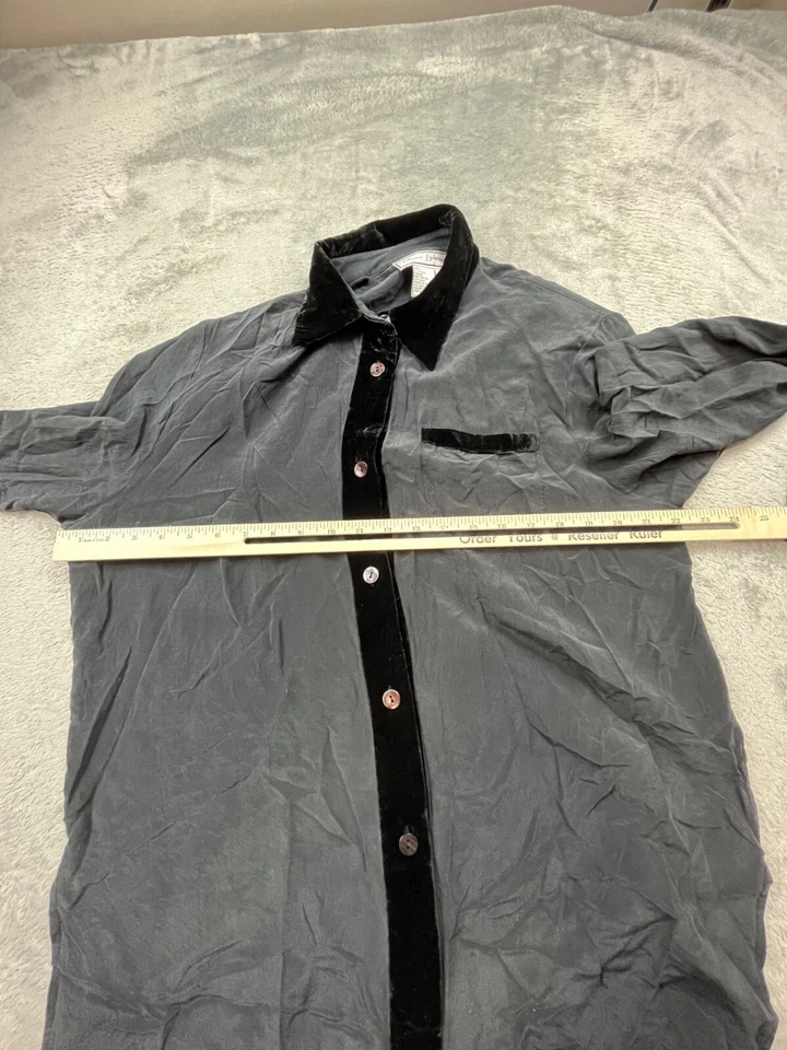 Diane Gilman Blouse Women Large Black Silk Velvet Trim Button Up Top Elegant Y2K - Image 4 of 4