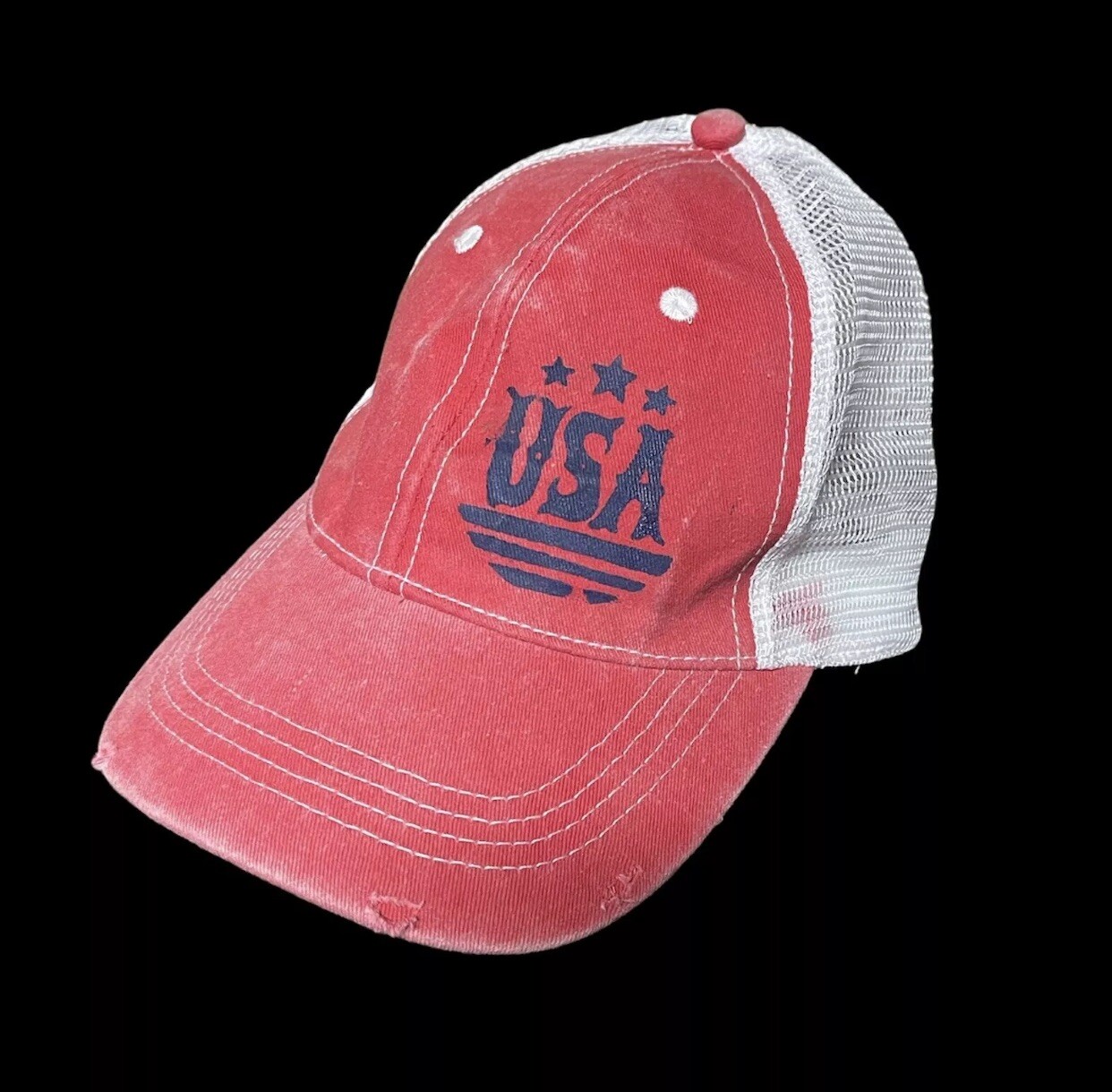 PONY Cappello donna USA ROSSO BIANCO BLU maglia camionista berretto coda di cavallo regolabile OS