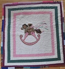 Bear And Rocking Horse Handmade Patchwork Quilt 80s Floral Back Pink Retro