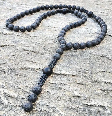 Herren Schwarz Perlenkette Halskette Stein LAVA ONYX  Y-kette Schamballa makrame - Bild 1 von 4