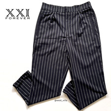 Pinstripe Pants Trouser High Waist Pockets Cuff Slacks Dark Blue Womens L