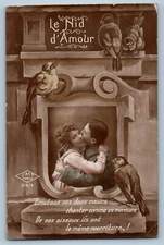 1918 Soldier Romance Sweet Couple Birds France WWI RPPC Photo Antique Postcard