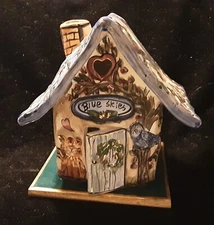 Blue Sky Clayworks Tea Light Candle House/Cottage, w/cat & Bird, 2000, w/base