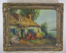 Antique Painting Circa Early 1900's  - Thatched Roof Cottage ..Flowers  ..