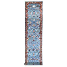 3'7"x21'8" Blue Fine Aryana Hand Knotted Natural Dyes Runner Oriental Rug R88253
