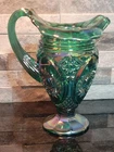 STUNNING VTG FENTON Teal/Green Iridescent Hobstar Carnival Glass Pitcher 8.5"H