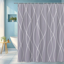 Modern Grey Shower Curtain with White Waves Design