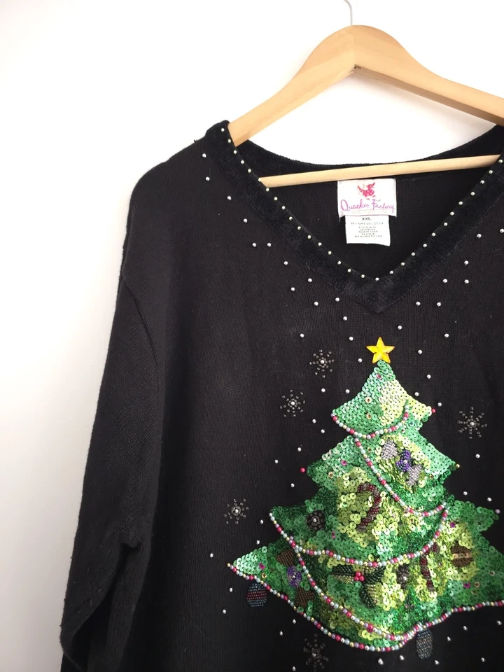 Vtg The Quaker Factory Womens Christmas Festive Beaded Sequin Tree Jumper Sz XXL - Image 2 of 4