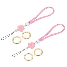 2Pcs Wristlet Lanyards 4.7" Leather Keychain Strap with Flower Charm Pink