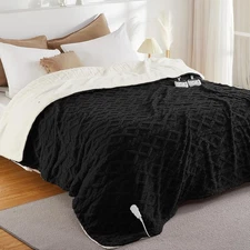 Electric Thick Tufted Sherpa Fast Heated Blanket Size Dual Control Black