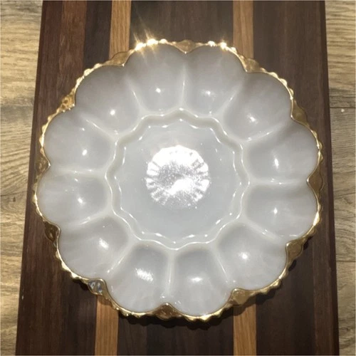 Vintage Anchor Hocking Milk Glass Deviled Egg Plate Dish Gold Trim
