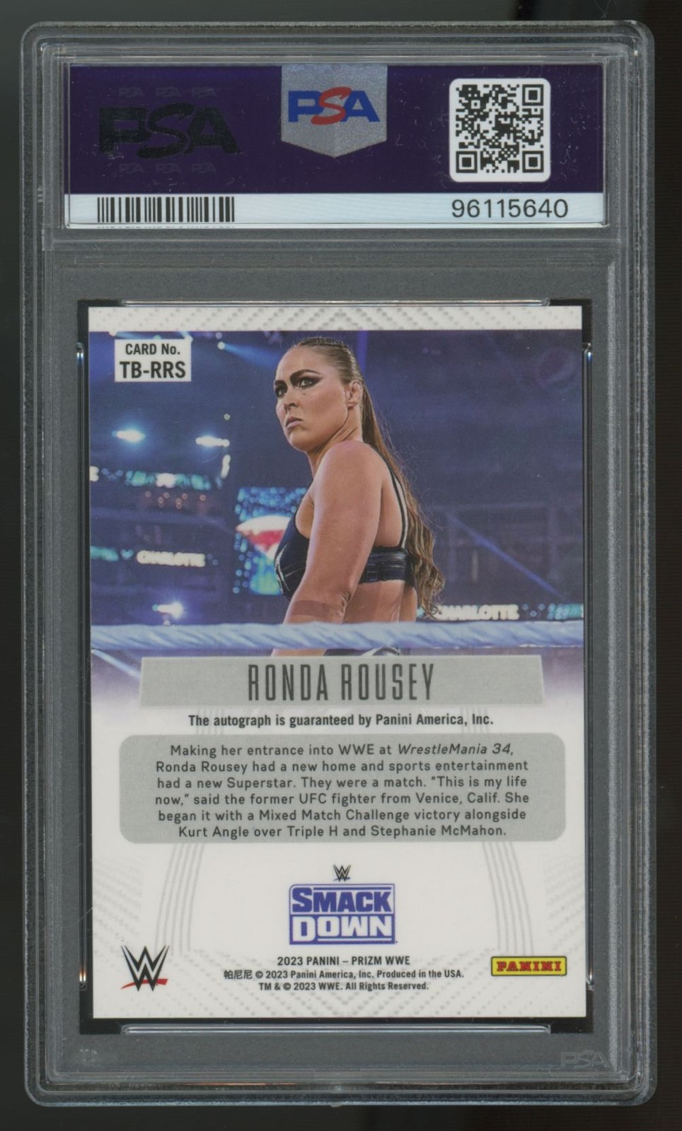 2023 Panini Prizm WWE Ronda Rousey Throwback Signatures Auto #TB-RRS PSA 9 view 2