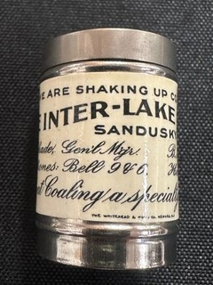 VINTAGE MINIATURE CELLULOIDTIN DICE SHAKER THE INTER LAKE FUEL CO. SANDUSKY OH