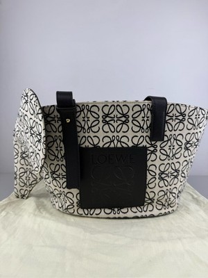 LOEWE Anagram Tote Anagram Canvas Calfskin Gold-Tone Rivets Tote Bag Beige Black