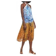 RAGA | Blue and Mustard Boho Tiered Midi Halter Neck Ruffle Sundress | Small