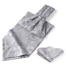 Ascot Ties for Men Grey Paisley Cravat for Men and Pocket Square Set Floral S...