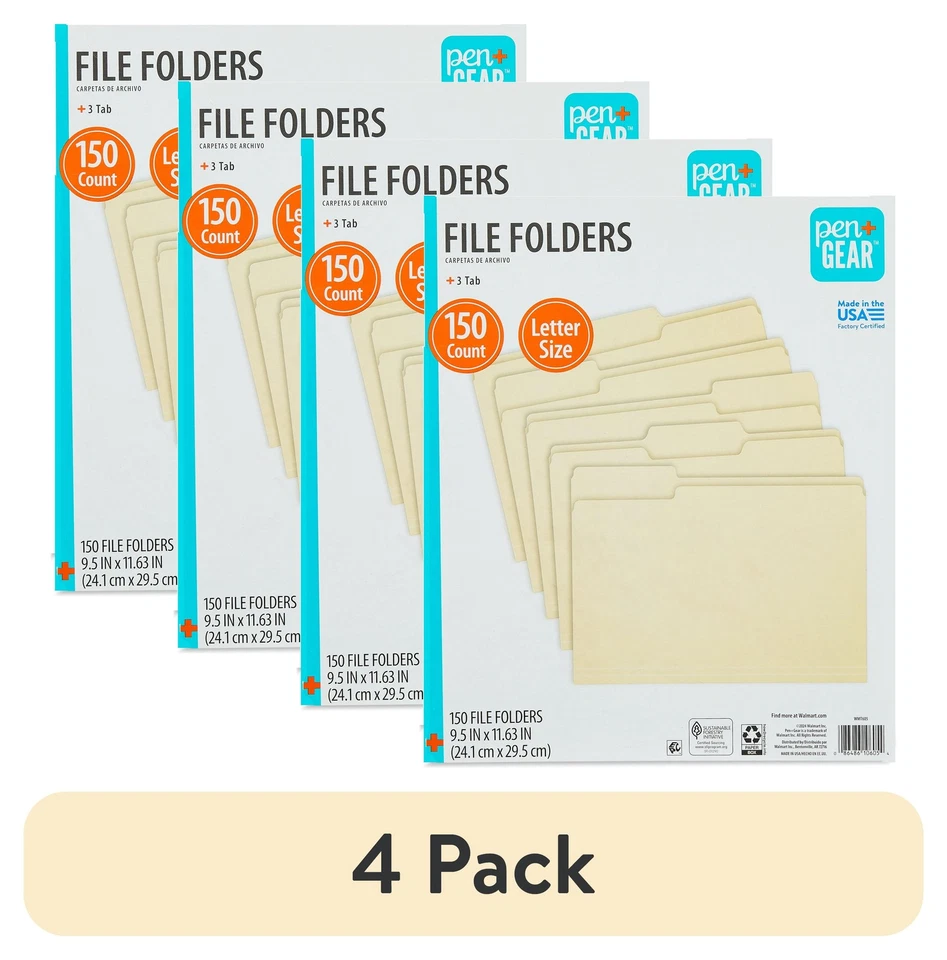 SMEAD MANUFACTURING (4 Pack) Pen+Gear File Folders, Letter, Manila, 1/3 Cut, 150 Count