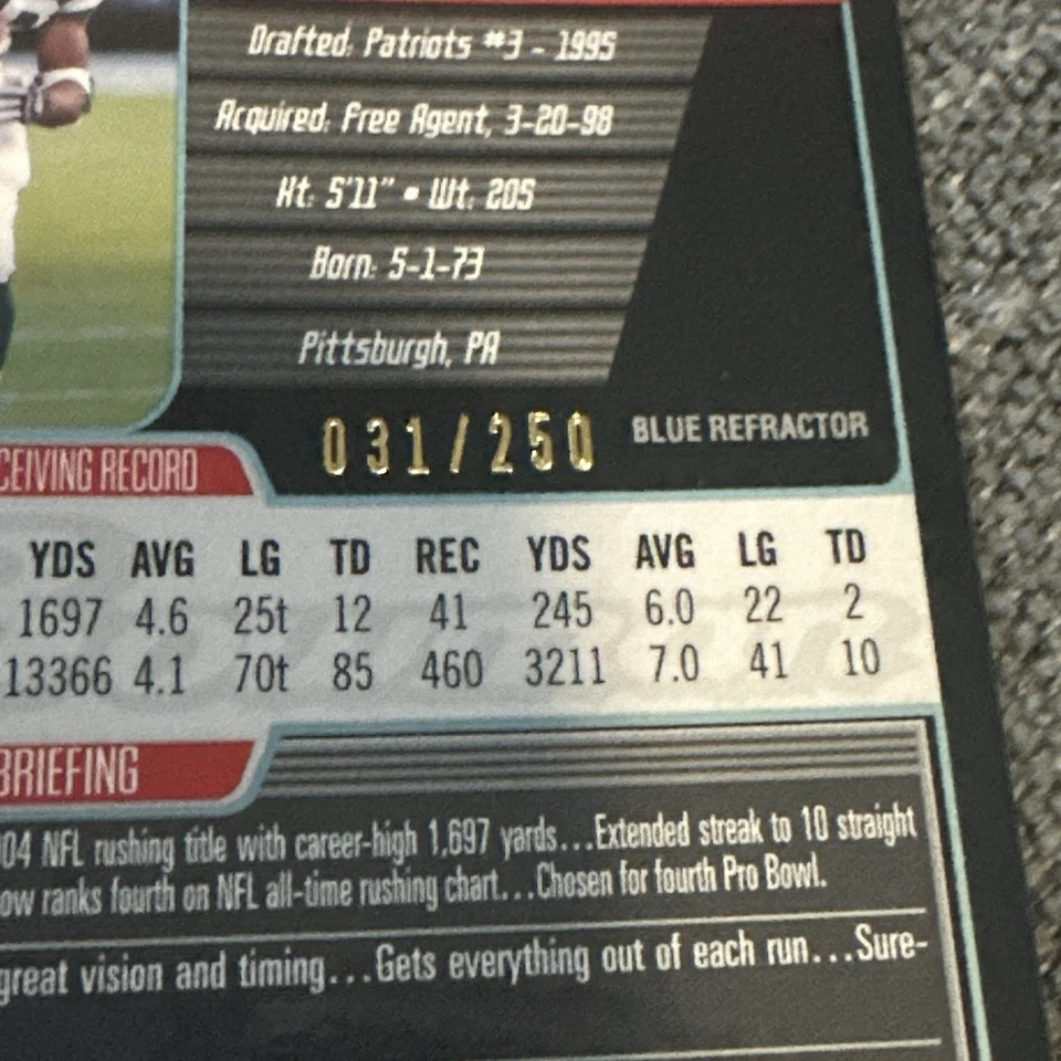 2005 BOWMAN CHROME CURTIS MARTIN #7 BLUE REFRACTOR #031/250 SP RARE!!! - Image 4 of 4