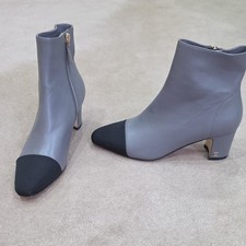 CHANEL Leather Colourblock Ankle Bootie Pointed Toe Zip Mid Block Heel