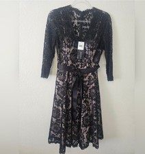 Betsy  Adam Black Floral Lace Beaded V-Neck 3/4 Sleeve Maxi Dress Size 6