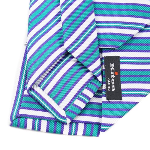 Kiton Napoli 7-Fold Teal Green-Purple-White Ribbon Stripe Print Silk Tie NWT - Picture 5 of 5