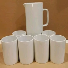 Vtg Tall White Porcelain Pitcher 6 Cups Matching Set Water Ice Tea Lemonade EUC