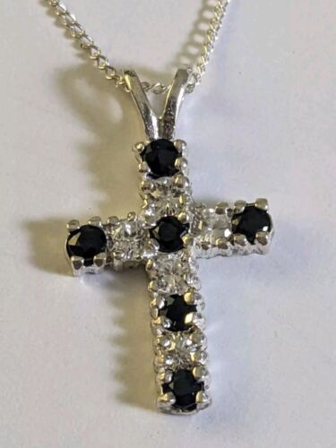 Sterling Silver Cross Pendant Necklace Black And Clear Gemstone 19" Gift Box - Picture 2 of 10