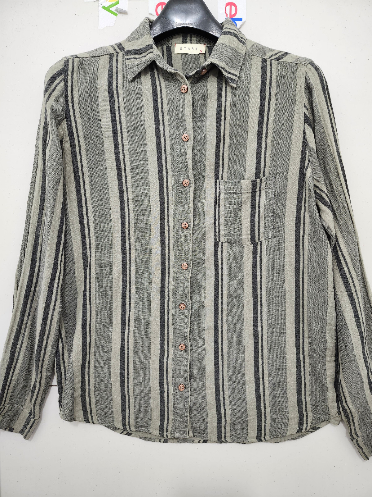 STARK X Top Womens L Blouse Long Sleeve Button Stripe Double Knit Cotton Woven