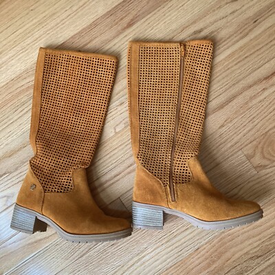 CUPLE Burnt Orange Suede Leather Cut Out Boots Low Heel US Spain 35