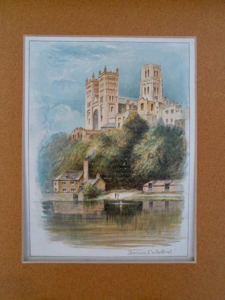 DURHAM CATHEDRAL COLOURED PRINT From River PICTURE CARD MOUNT 1980's ...