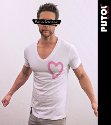 T-shirt Homme Pistol Boutique Col V Profond - Imprimé Cœur Peinture Sur Torse, Coton, Taille Ajustée