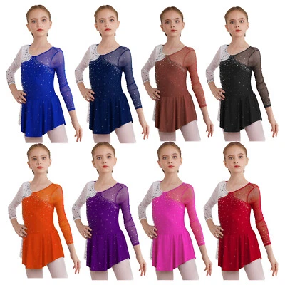 DE iEFiEL Eiskunstlauf Kleid Mädchen Glitzer Ballettkleid Langarm Rollschuhkleid