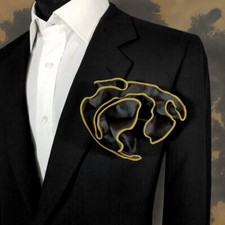 NEW - Men's 2-in-1 Pouf Round Pocket Square - Black Satin with Gold Trim
