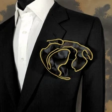 NEW - Men's 2-in-1 Pouf Round Pocket Square - Black Satin with Gold Trim