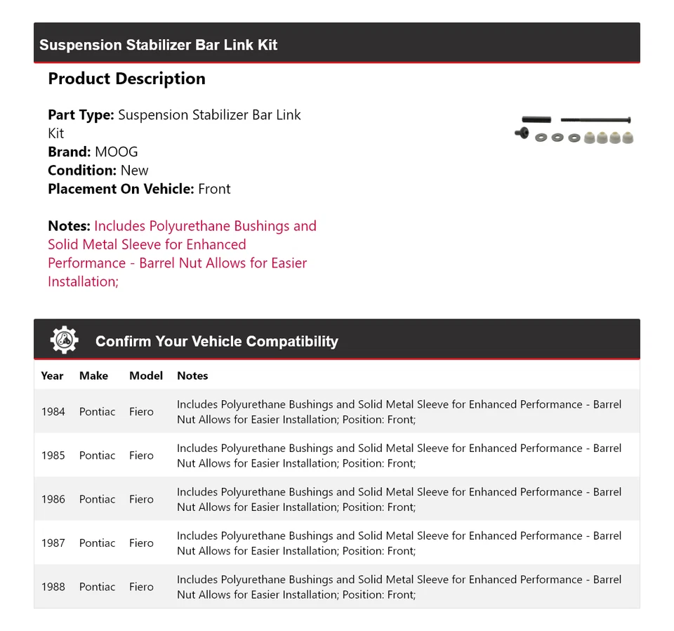 Kit de eslabones de barra estabilizadora de suspensión delantera MOOG 1984-1988 PONTIAC FIERO Foto 2 de 4