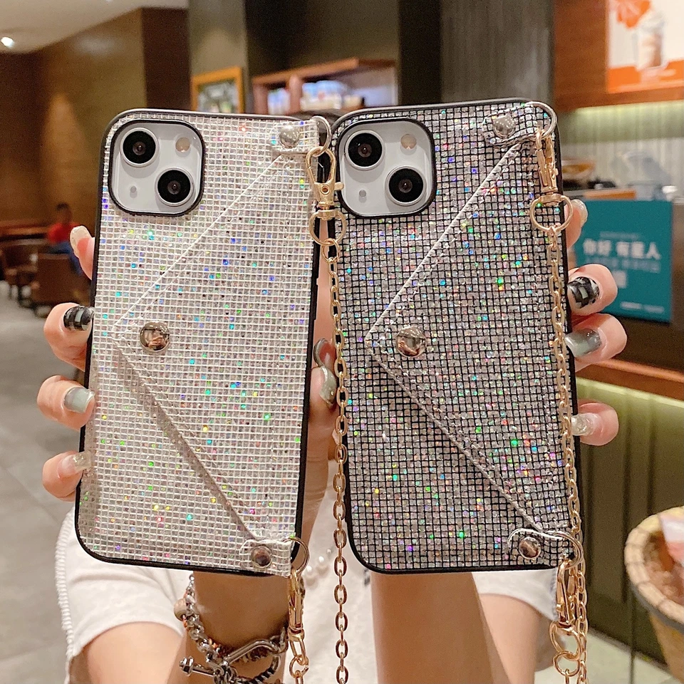 For iPhone 15 Pro Max 15 14 Luxury Bling Glitter Wallet Bag Case Cover w/ Strap - Image 4 of 4