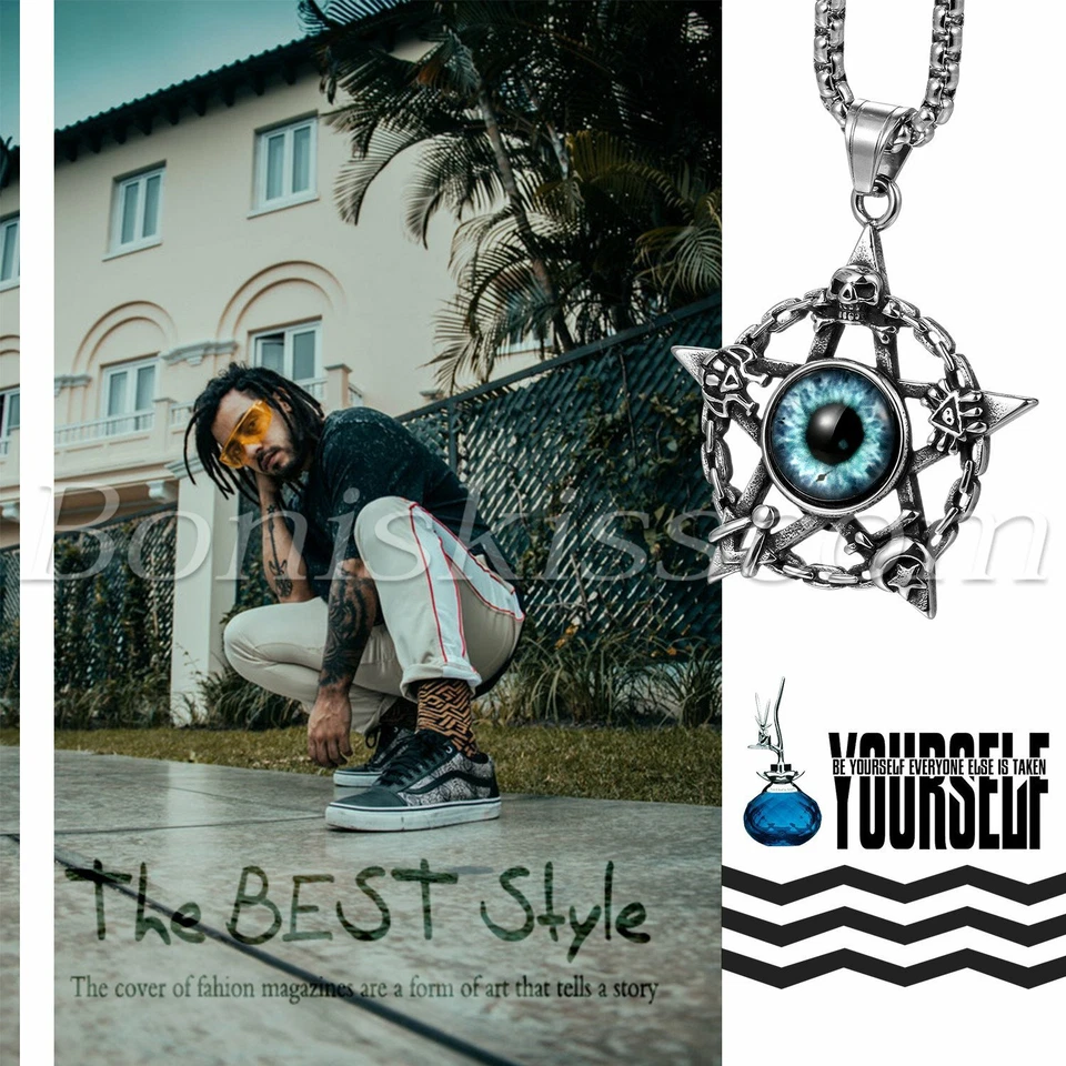 Cadena de collar colgante de mal de ojo hueco pentáculo hueco de acero inoxidable vintage para hombre Foto 3 de 4