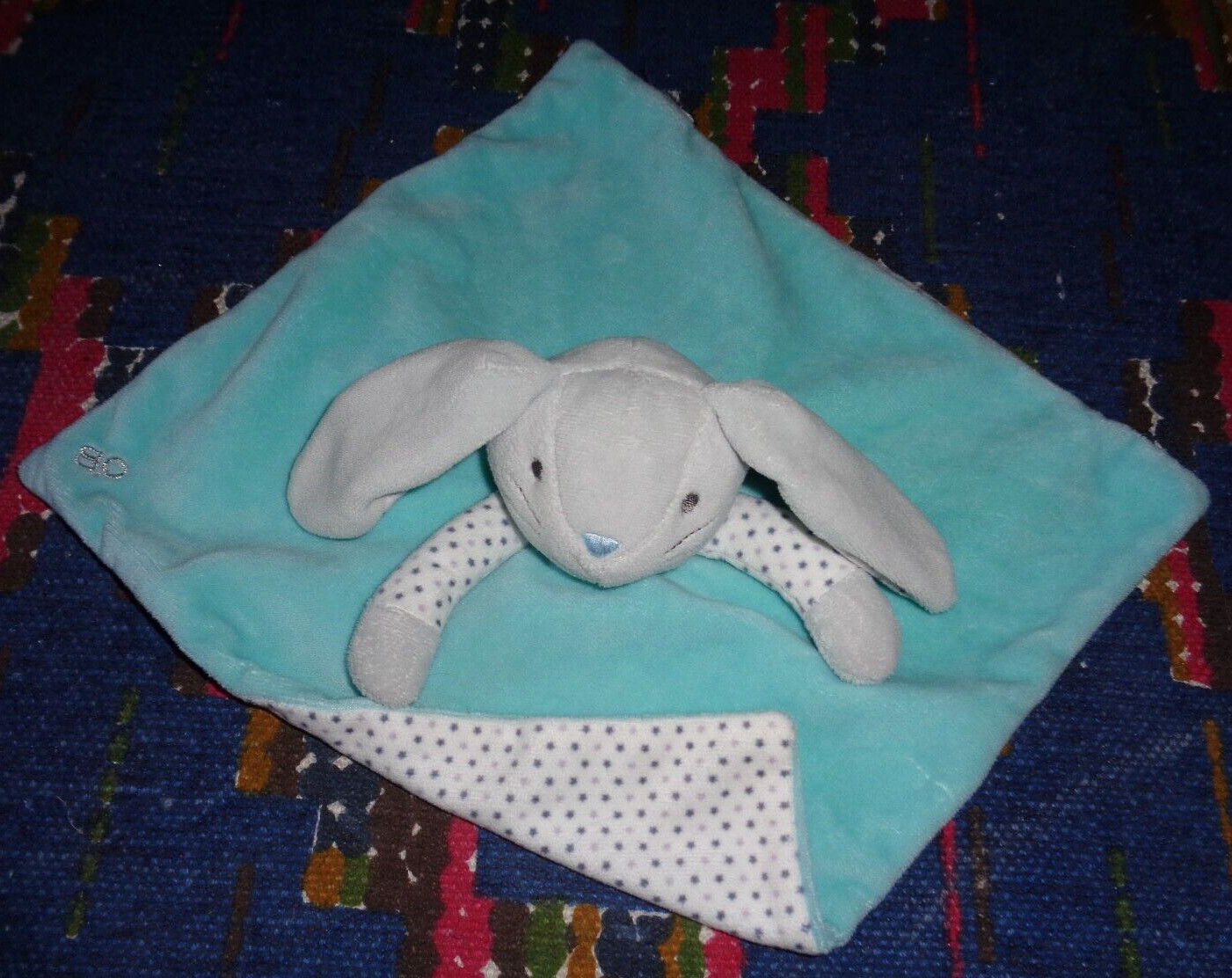 Doudou plat Obaibi lapin bleu blanc gris etoile textile bebe