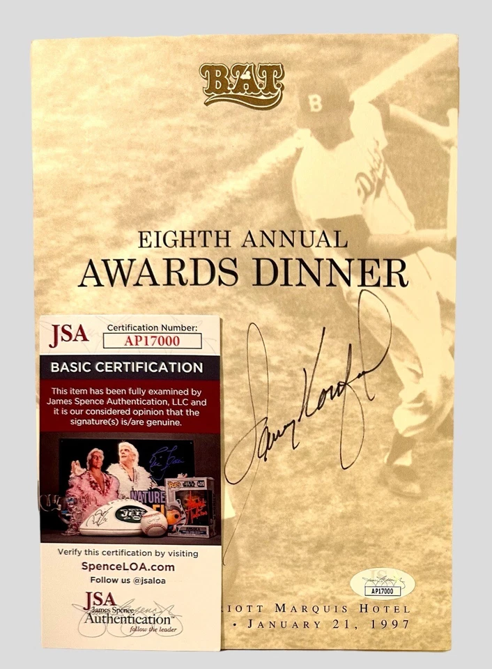 SANDY KOUFAX BOB GIBSON JOE TORRE AUTOGRAPHED BAT AWARDS DINNER PROGRAM JSA COA - Image 4 of 4