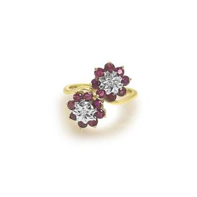 14k Yellow Gold Double Cluster Round Shape Natural Ruby & Diamond Ring 1.16 TCW