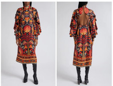 Farm rio NATURE BEAUTY LONG SLEEVE OPEN BACK RED/MULTI COLOR MIDI DRESS sz S