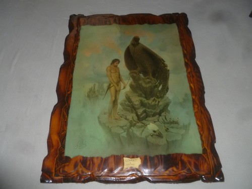 JOHN PITRE CONFICT VINTAGE PRINT ON CARVED WOOD FALCON EAGLE ART FANTASY 1970S - 第 1/9 張圖片