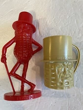 Vintage Mr. Peanut Planters Mascot Red Plastic 8.5" Coin Bank And Mug Cup USA