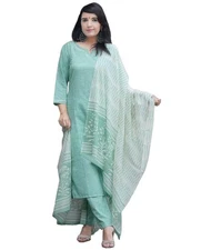 GoSriKi Women's Cotton Blend Embroidered Straight Kurta with Pant & Dupatta