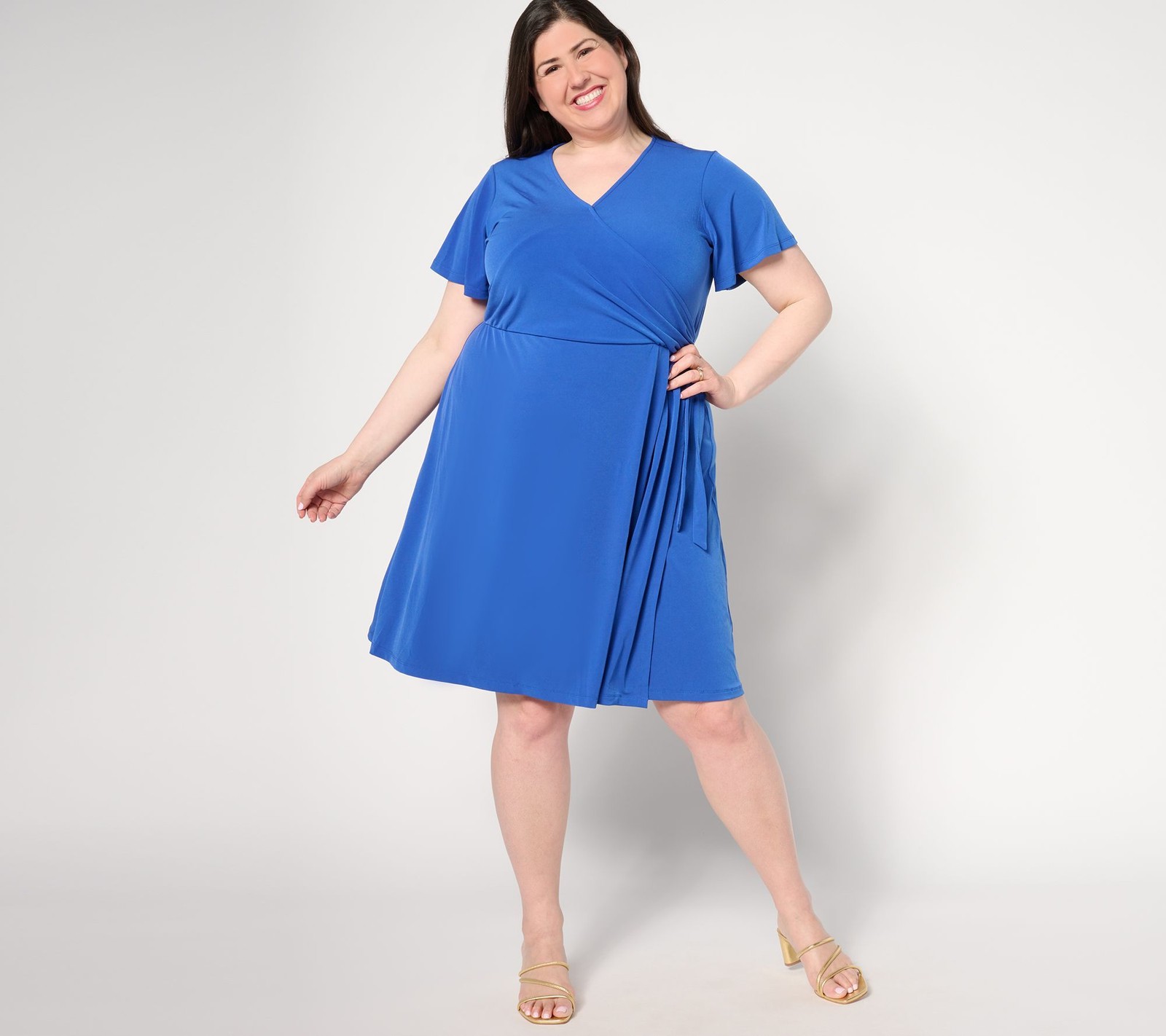 Susan Graver Women's Dress Sz L Liquid Knit Faux Wrap Blue A646282